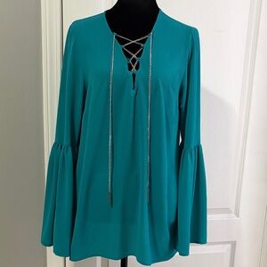 Michael Kors Turquoise Lace-Up Blouse with Flared Sleeves